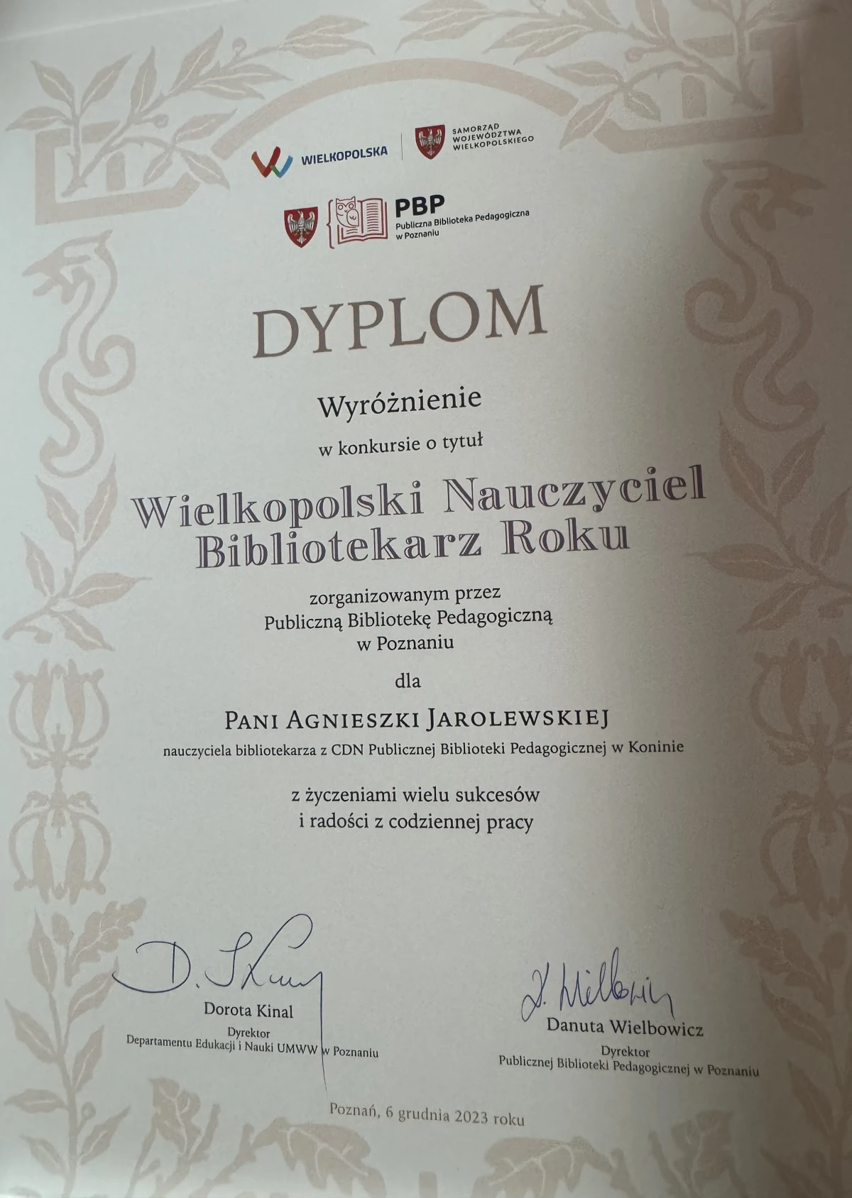 Dyplom laureatki konkursu